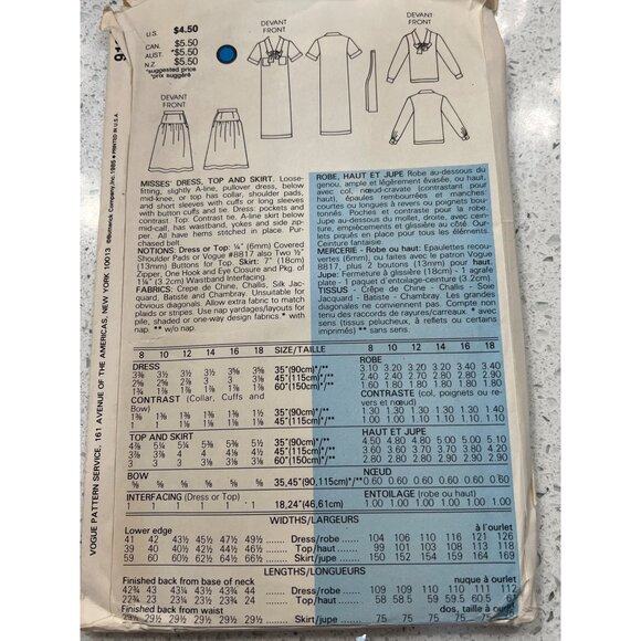 Vintage Vogue 8190 Sewing Pattern For Misses Dress Top & Skirt Sizes 14-16-18 - Picture 2 of 2